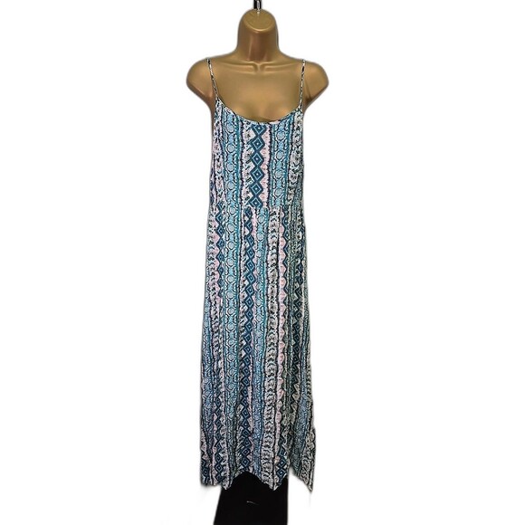 Zinga Maxi Sun Dress Womens Large Teal Fair Isle Spaghetti Strap Lattice Tie - Picture 1 of 8